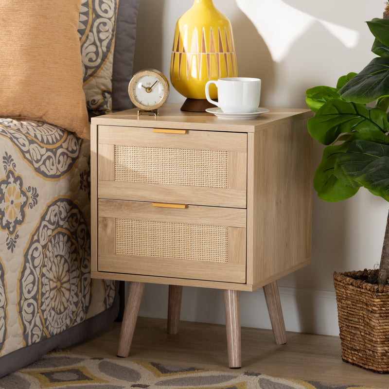 Baird Mid-Century Modern End Table with 2 Drawers, Light Oak Brown Wood and Rattan Design, Stylish Accent for Living Room or Bedroom