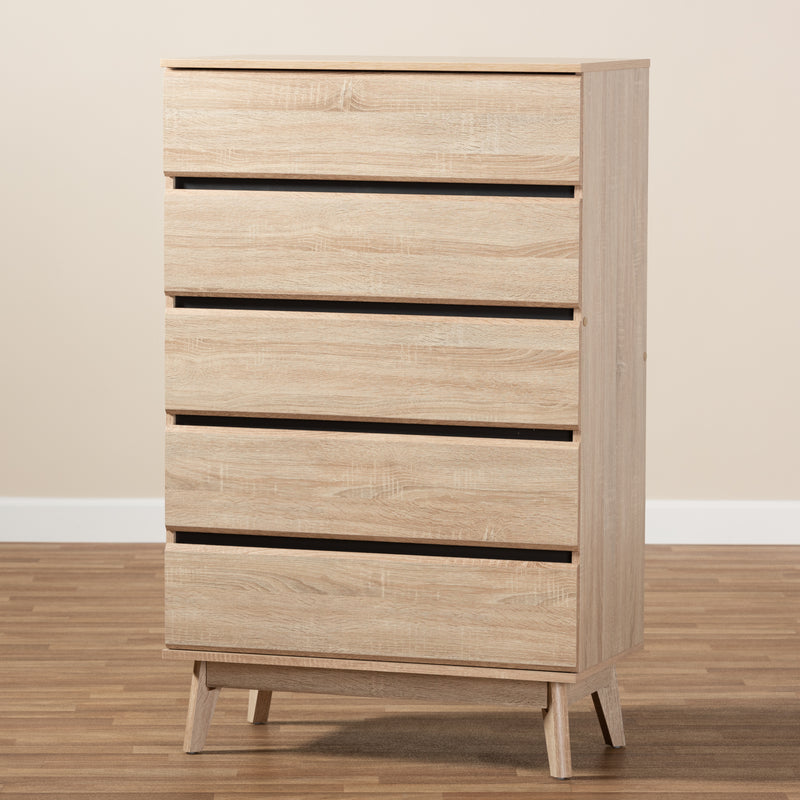 Miren Mid-Century Modern 5-Drawer Chest in Light Oak and Dark Grey Finish - Stylish Storage for Bedroom or Living Room