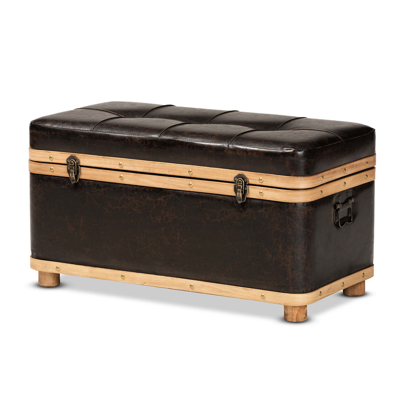 Farrow Ottoman Modern Rustic Transitional Design Dark Brown Faux Leather Oak Brown Finished Wood Base