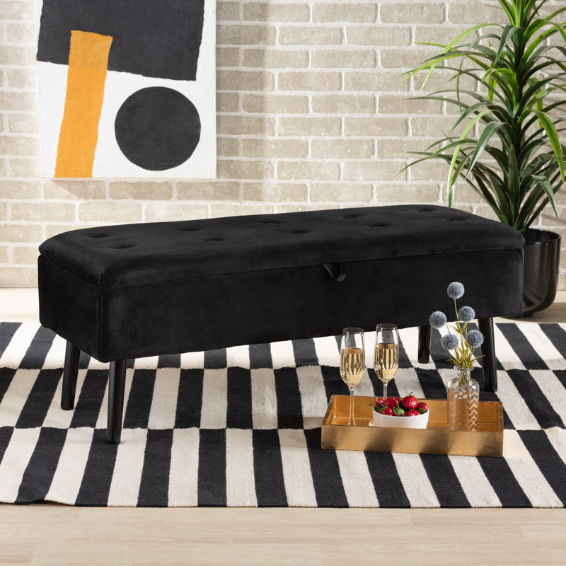 Caine Storage Bench Modern and Contemporary Black Velvet Fabric Upholstered with Dark Brown Finished Wood