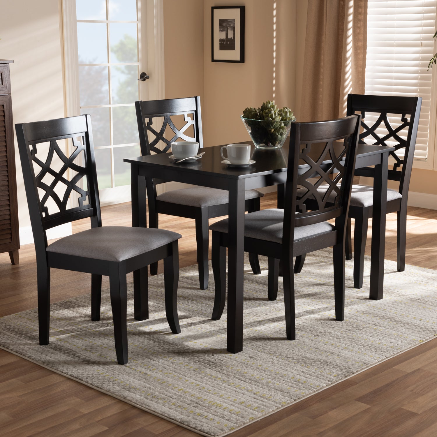 Mael Dining Set Modern Contemporary Grey Fabric Upholstered Espresso Brown Finished 5-Piece Wood