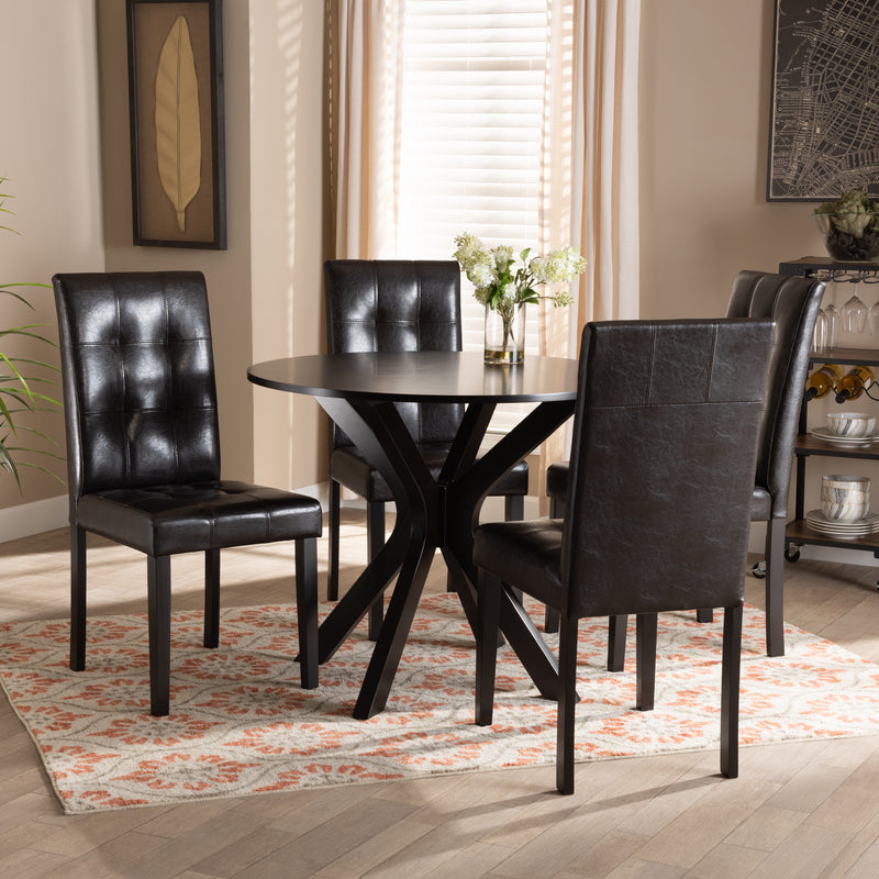 Marie 5-Piece Dining Set - Modern Dark Brown Faux Leather Chairs with Finished Wood Table