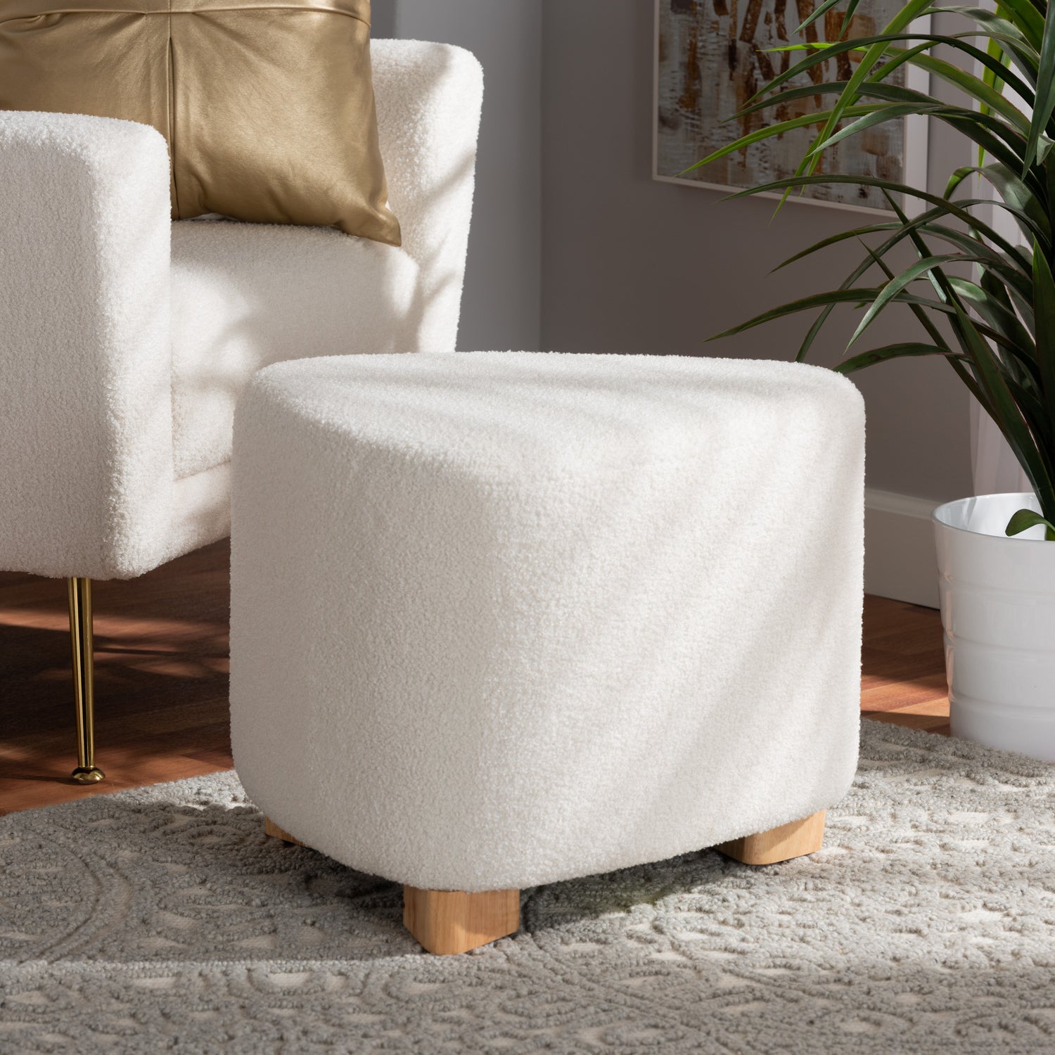 Brielle Ottoman Modern Ivory Boucle Upholstered with Natural Brown Wood Base Stylish Accent Furniture for Living Room or Bedroom