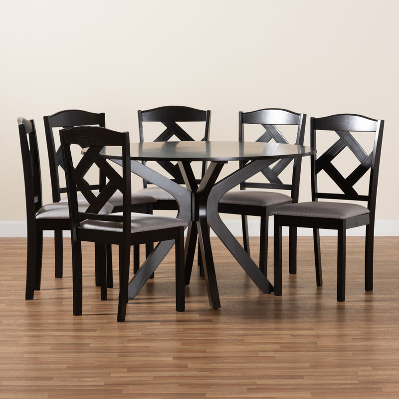 Carlin Dining Set Modern Transitional Grey Fabric Upholstered Dark Brown Finished Wood 7-Piece