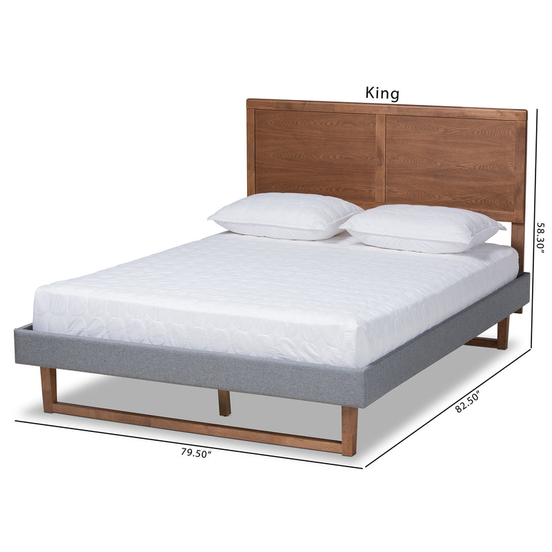 Allegra Platform Bed - Mid-Century Modern Dark Grey Fabric Upholstered with Ash Walnut Brown Finish