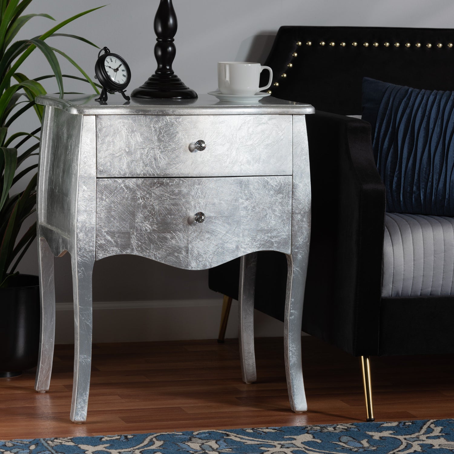 Patrice End Table Classic Traditional Silver Finished Wood with 2 Drawers for Living Room or Bedroom Storage