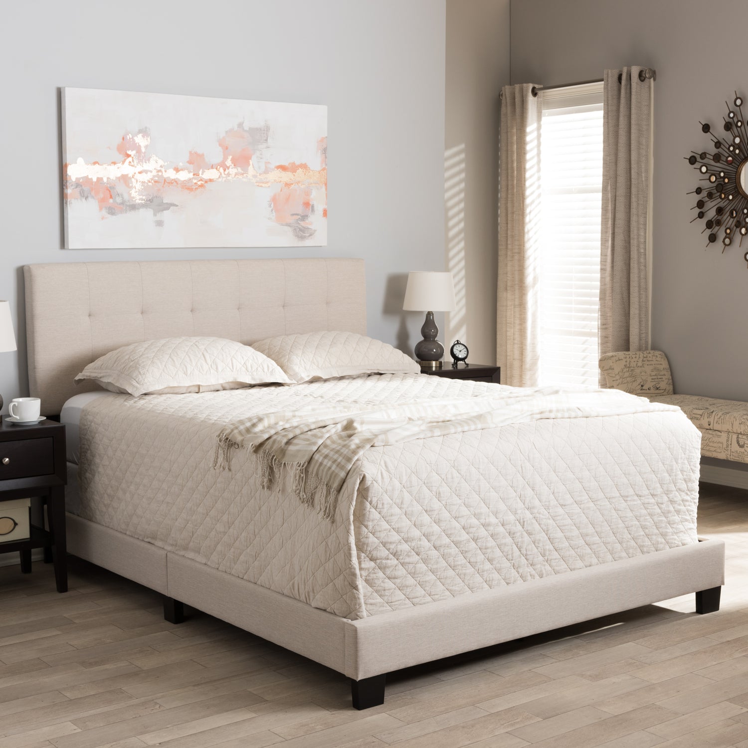 Brookfield Bed - Modern and Contemporary Beige Fabric Upholstered Grid-Tufting