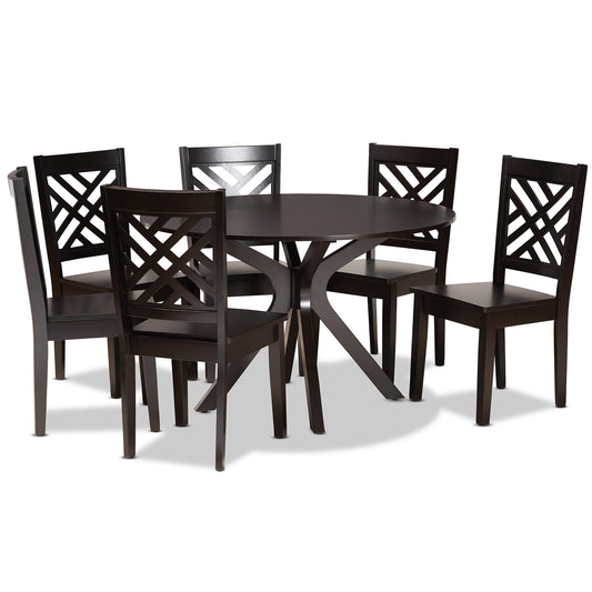 Ela Modern Contemporary 7-Piece Dining Set in Dark Brown Finished Wood