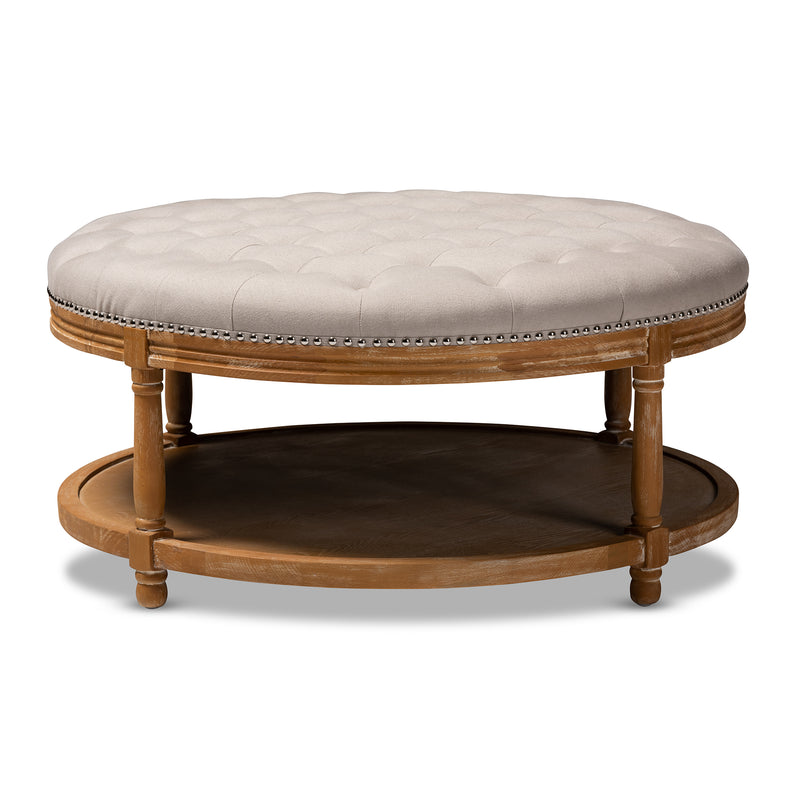 Ambroise Cocktail Ottoman French Provincial Beige Linen Upholstered White-Washed Oak Wood Button-Tufted Design with Convenient Shelf