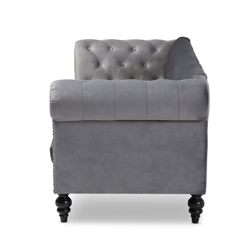 Emma Sofa Traditional Transitional Grey Velvet Fabric Upholstered Button Tufted Chesterfield