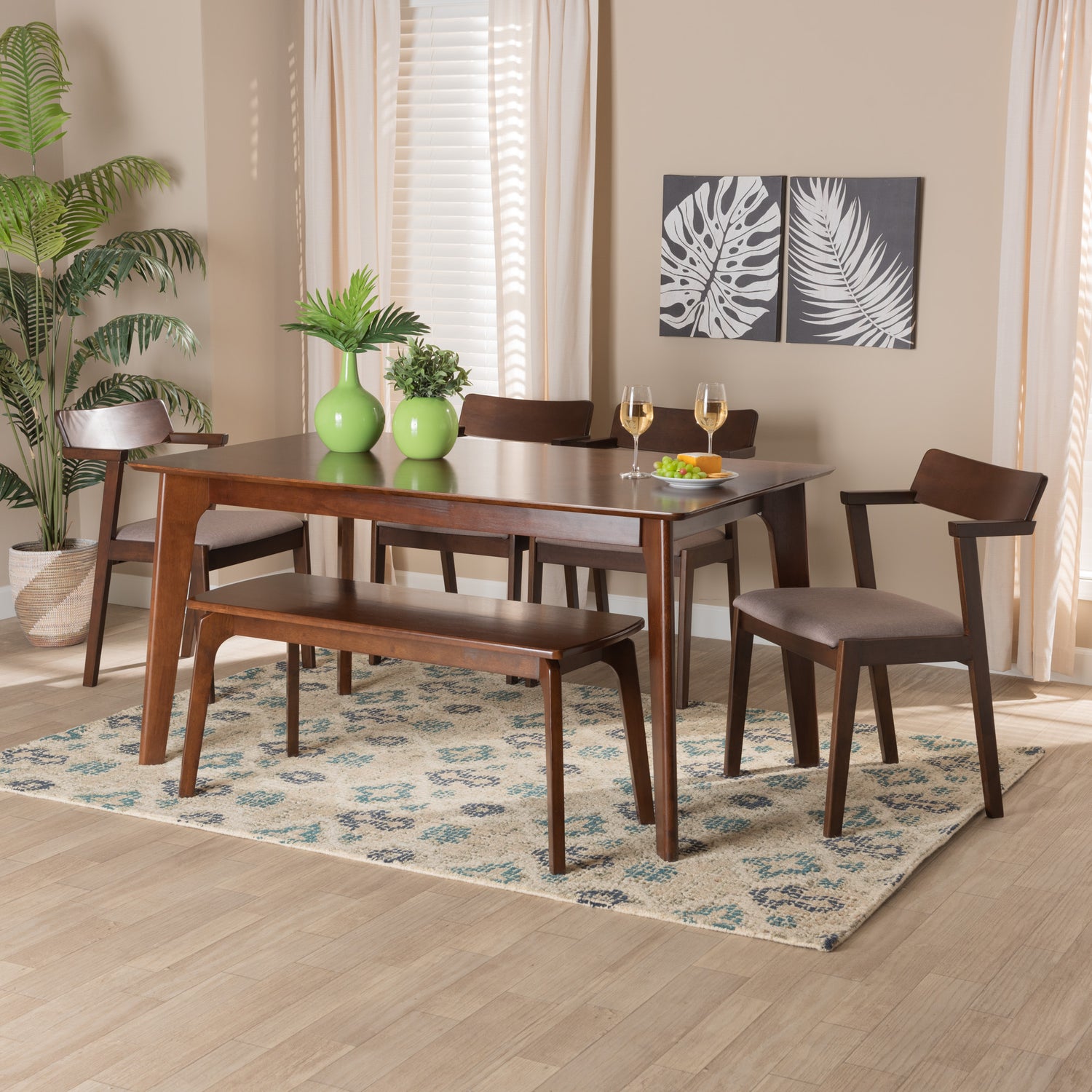 Berenice Dining Set Mid-Century Modern 6-Piece Collection in Warm Grey Fabric and Dark Brown Wood Finish