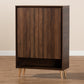 Landen Shoe Storage Cabinet Mid-Century Modern Walnut Brown and Gold Finish with 2 Doors for Entryway Organization