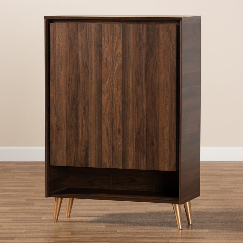 Landen Shoe Storage Cabinet Mid-Century Modern Walnut Brown and Gold Finish with 2 Doors for Entryway Organization