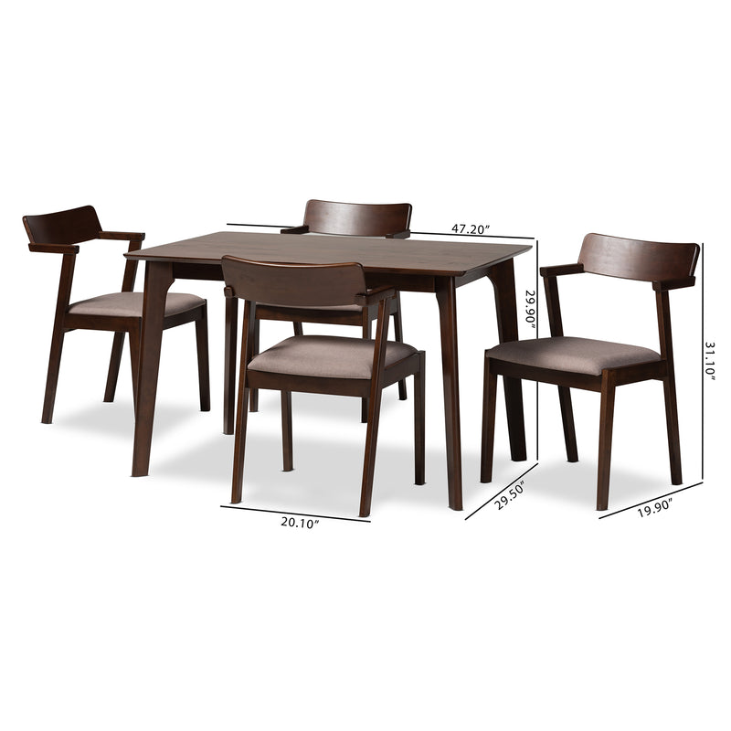 Berenice 5-Piece Dining Set in Mid-Century Modern Style with Warm Grey Fabric and Dark Brown Wood Finish