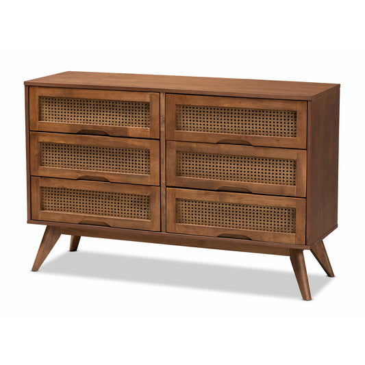 Barrett Mid-Century Modern Dresser Walnut Brown Finished Wood with Synthetic Rattan 6-Drawer Storage for Stylish Bedrooms