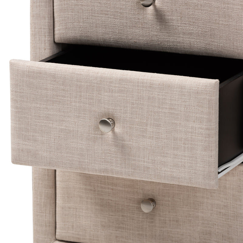 Tessa Nightstand - Modern and Contemporary Beige Fabric Upholstered 3-Drawer