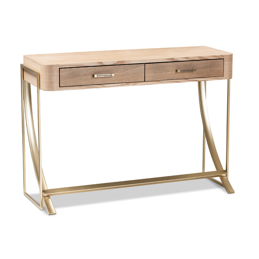 Lafoy Console Table Modern Contemporary Design Natural Brown Wood Gold Accents 2 Drawers for Storage