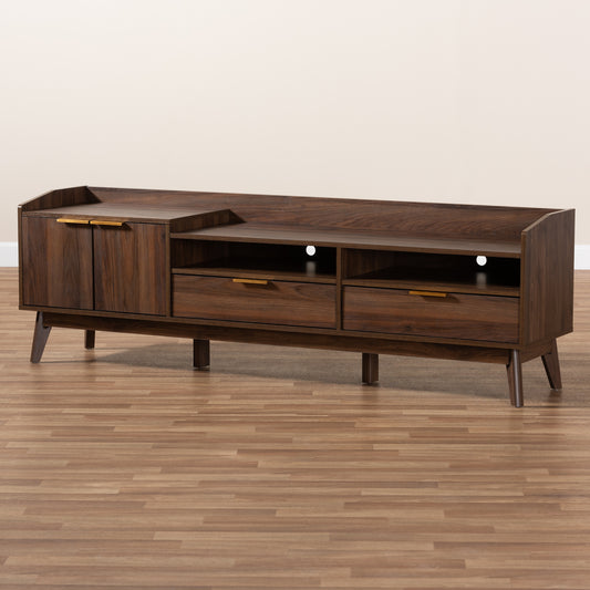 Lena Mid-Century Modern TV Stand Walnut Brown Finished 2-Drawer Wood Entertainment Center for Living Room