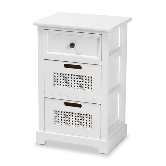 Pratt Modern End Table with 3 Drawers, White Wood and Rattan Design for Living Room or Bedroom Storage