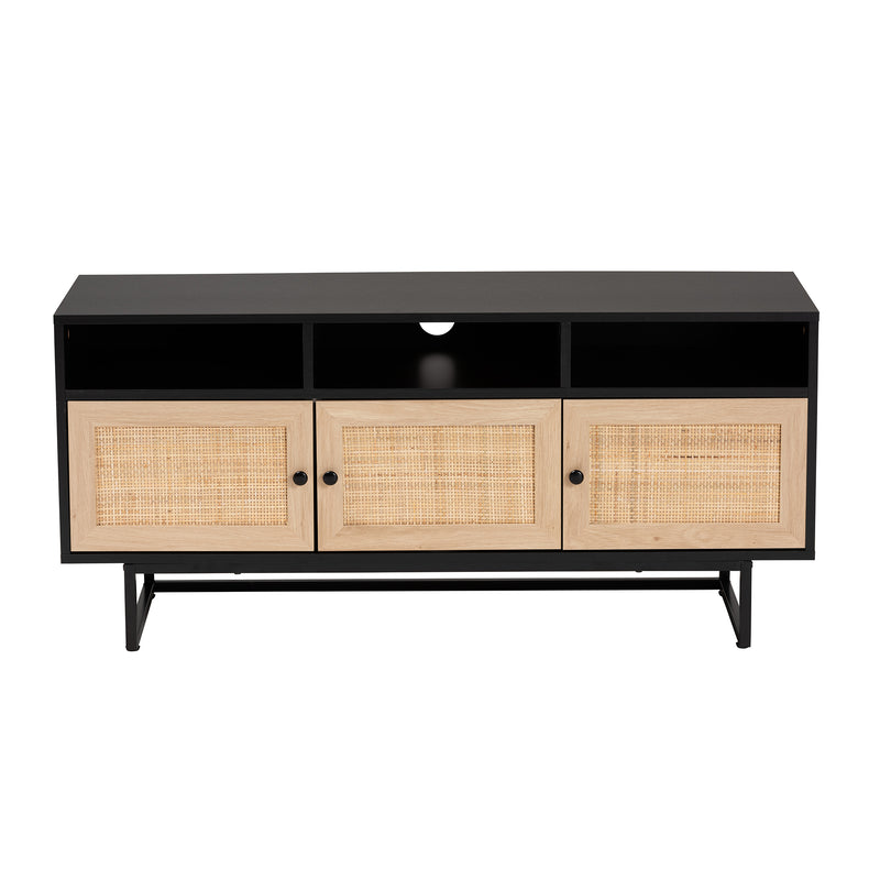 Declan TV Stand Mid-Century Modern Espresso Brown Wood with Natural Rattan Featuring 3 Doors for Stylish Storage and Organization