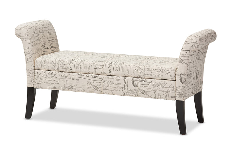 Avignon Fabric Storage Ottoman Bench with Script Pattern for French Laundry Style Home Decor