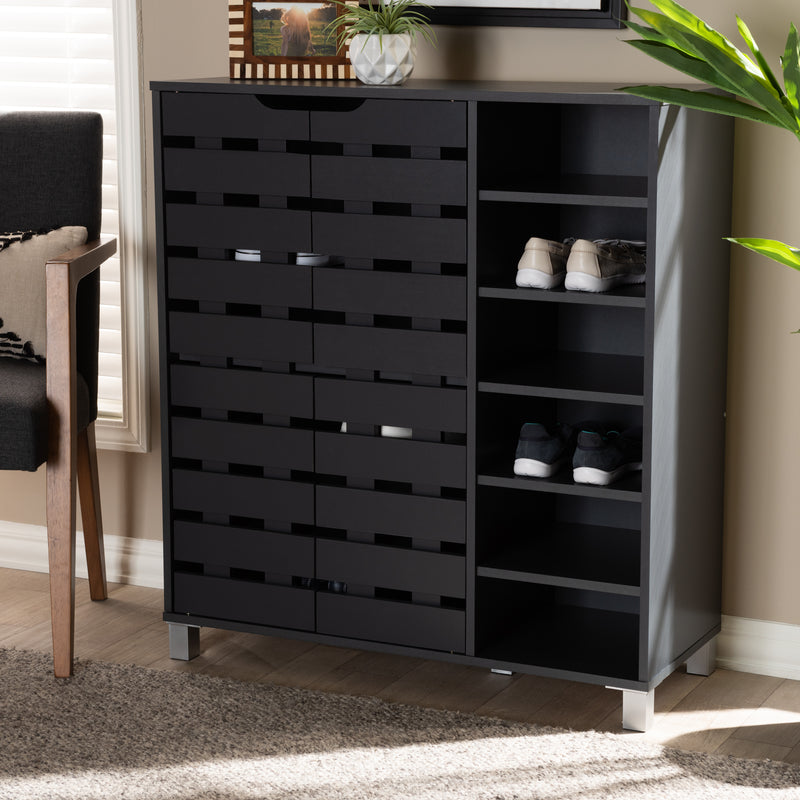 Shirley Shoe Storage Cabinet Modern and Contemporary Dark Grey Finished 2-Door Wood with Open Shelves