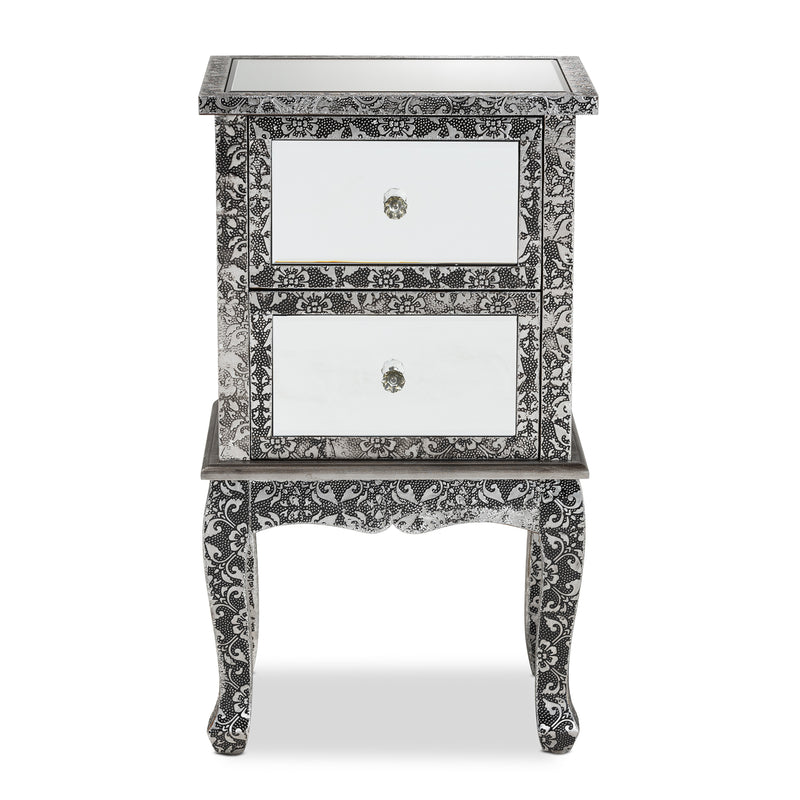 Wycliff End Table - Industrial Glam Design with Silver Metal and Mirrored Glass, Featuring 2 Drawers for Stylish Storage