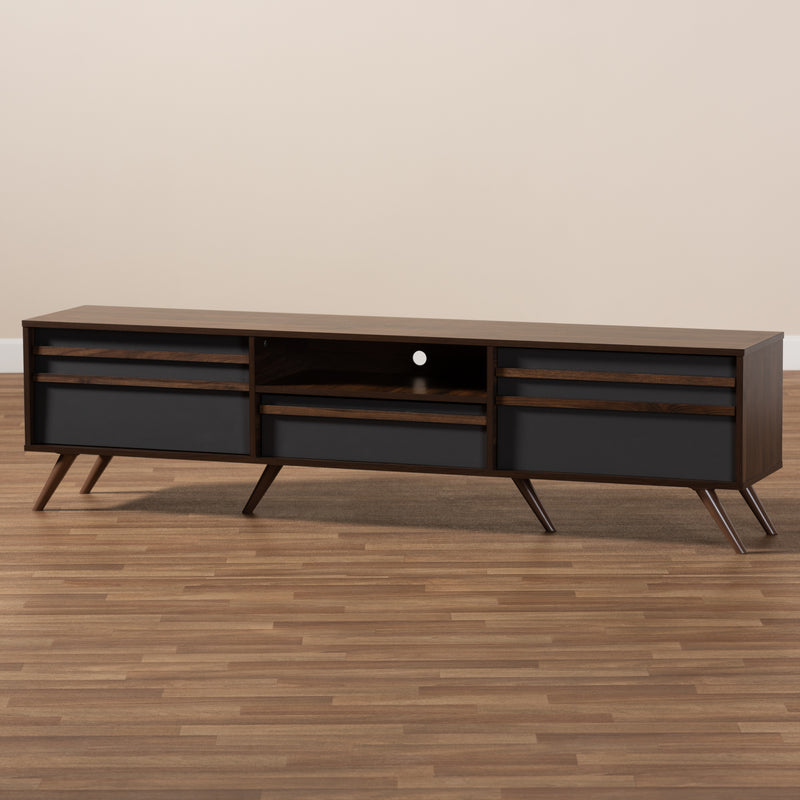 Naoki TV Stand - Modern Two-Tone Grey and Walnut Wood with Drop-Down Compartments for Stylish Living Room Storage