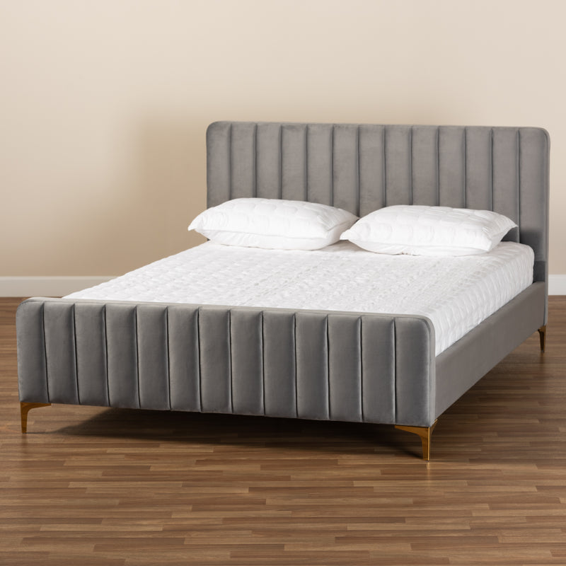 Nami Platform Bed - Modern Contemporary Glam and Luxe Light Grey Velvet Fabric Upholstered with Gold Finish