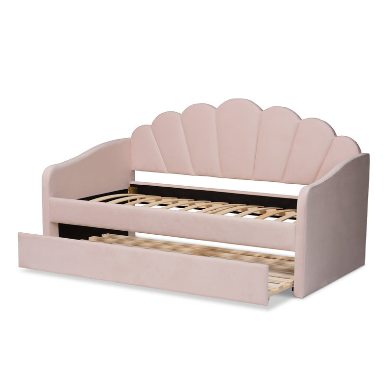 Timila Daybed - Modern and Contemporary Light Pink Velvet Fabric Upholstered with Trundle