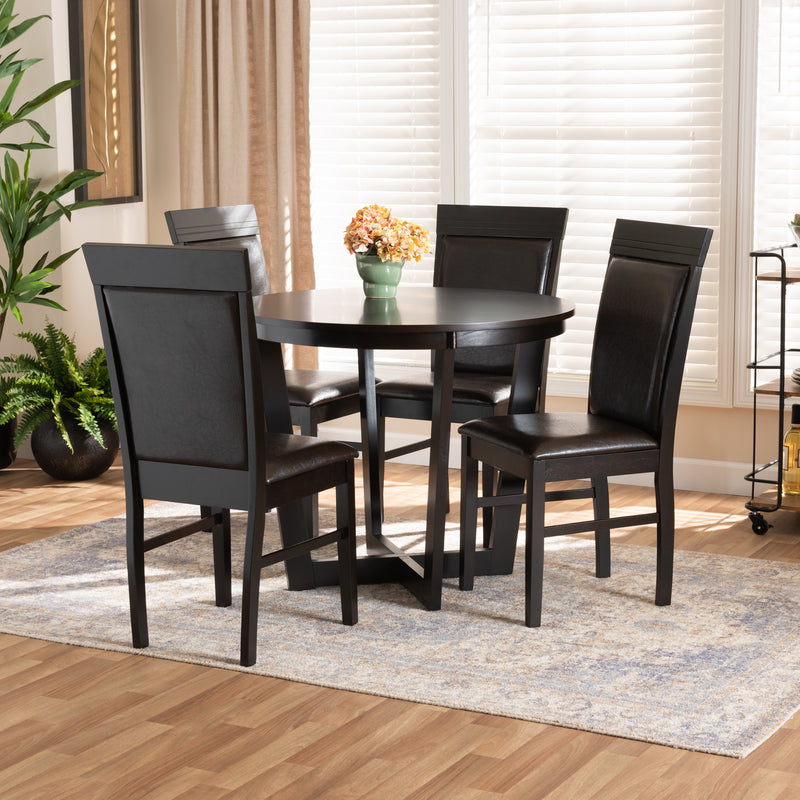 Irma Dining Set Modern 5-Piece Dark Brown Faux Leather Upholstered Dining Furniture with Finished Wood