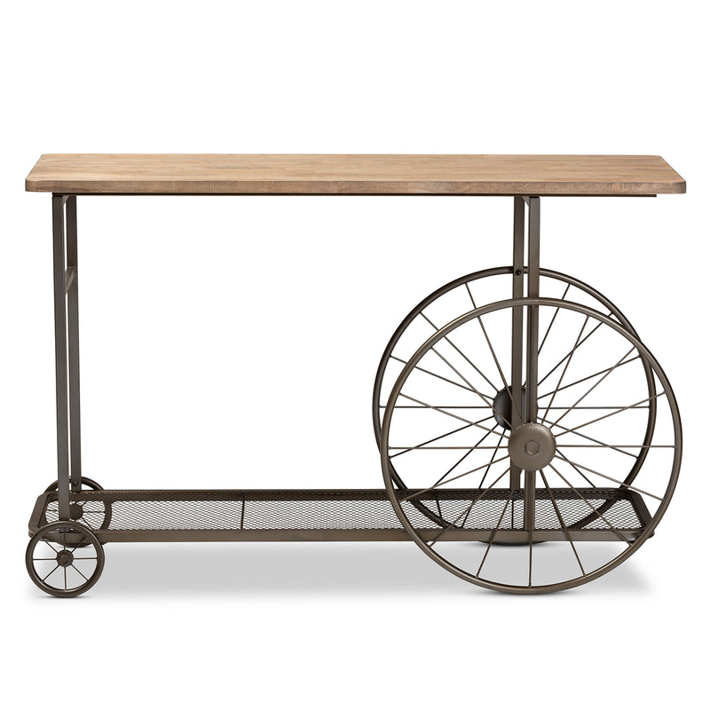 Terence Console Table Vintage Rustic Industrial Design with Natural Wood Finish and Black Metal Wheels