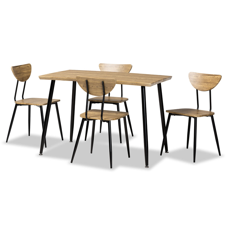 Gianetta 5-Piece Dining Set in Mid-Century Modern Style with Oak Brown Wood and Black Metal Accents