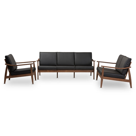 Venza Livingroom Set Mid-Century Modern Walnut Wood Black Faux Leather 3-Piece