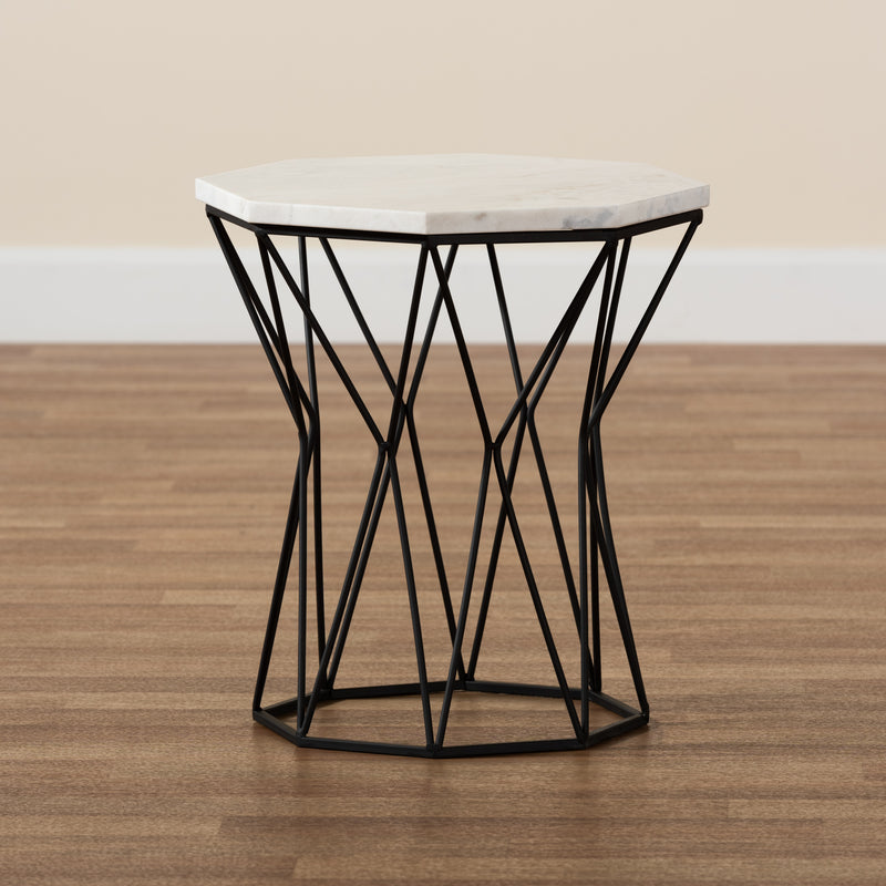 Venedict Modern Black Metal End Table with Elegant Marble Top for Contemporary Spaces