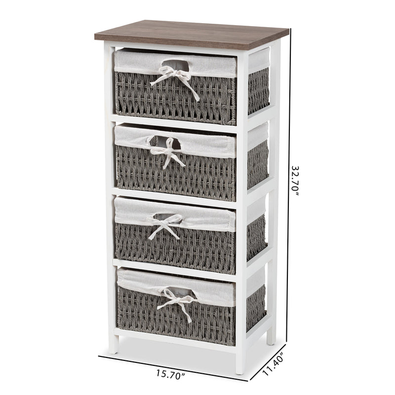 Terena Storage Unit - Modern Two-Tone Walnut Brown and White Wood with 4 Baskets for Organized Living and Stylish Décor