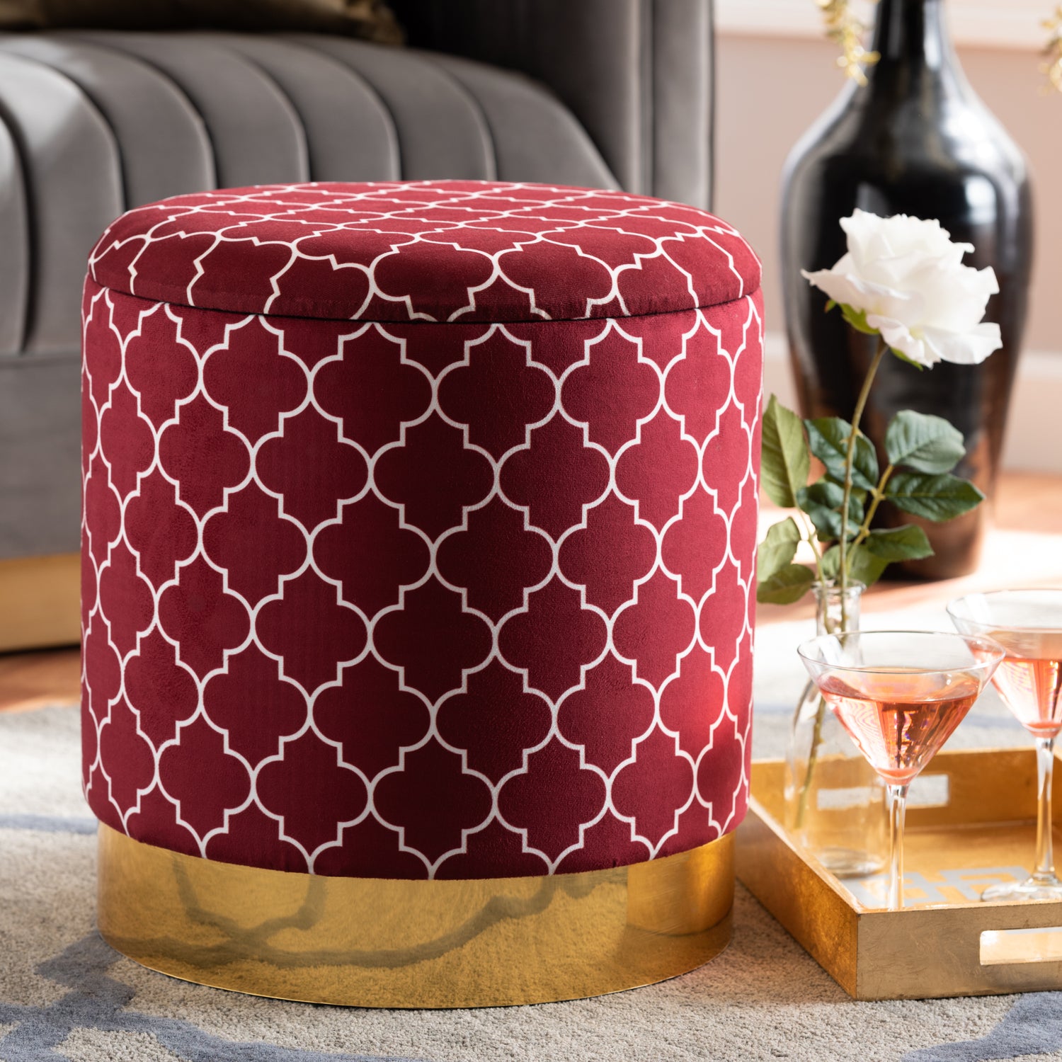 Serra Ottoman Glam and Luxe Red Quatrefoil Velvet Fabric Upholstered Gold Finished Metal Storage