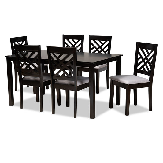 Caron Dining Set Modern and Contemporary Grey Fabric Upholstered Espresso Brown Finished Wood 7-Piece