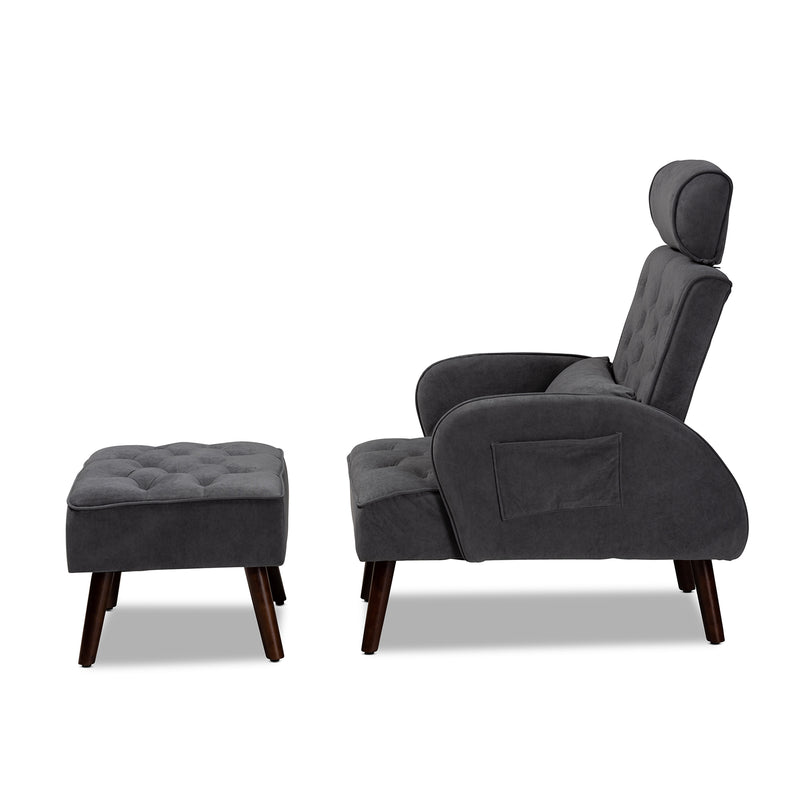 Haldis Recliner Chair and Ottoman Set Modern Contemporary Grey Velvet Fabric Upholstered Walnut Brown Finished Wood