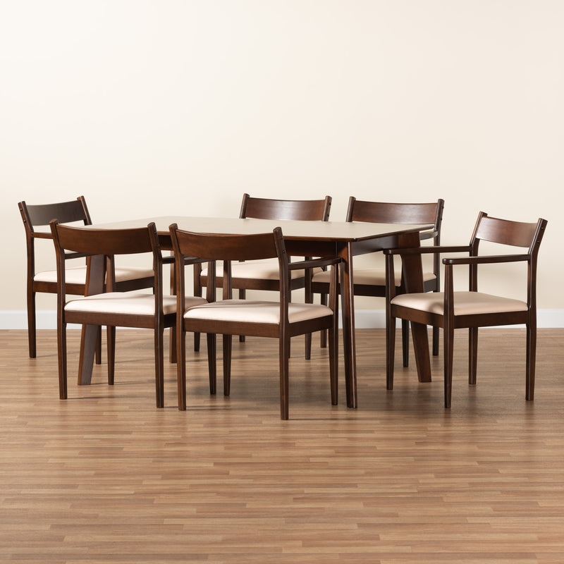 Coretta Dining Set - Mid-Century Modern 7-Piece Cream Fabric and Dark Brown Wood Furniture for Elegant Dining Rooms