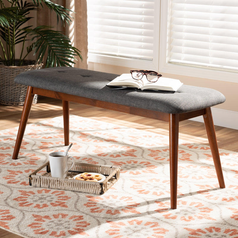 Flora II Dining Bench Mid-Century Modern Dark Grey Fabric Upholstered Medium Oak Finished Wood