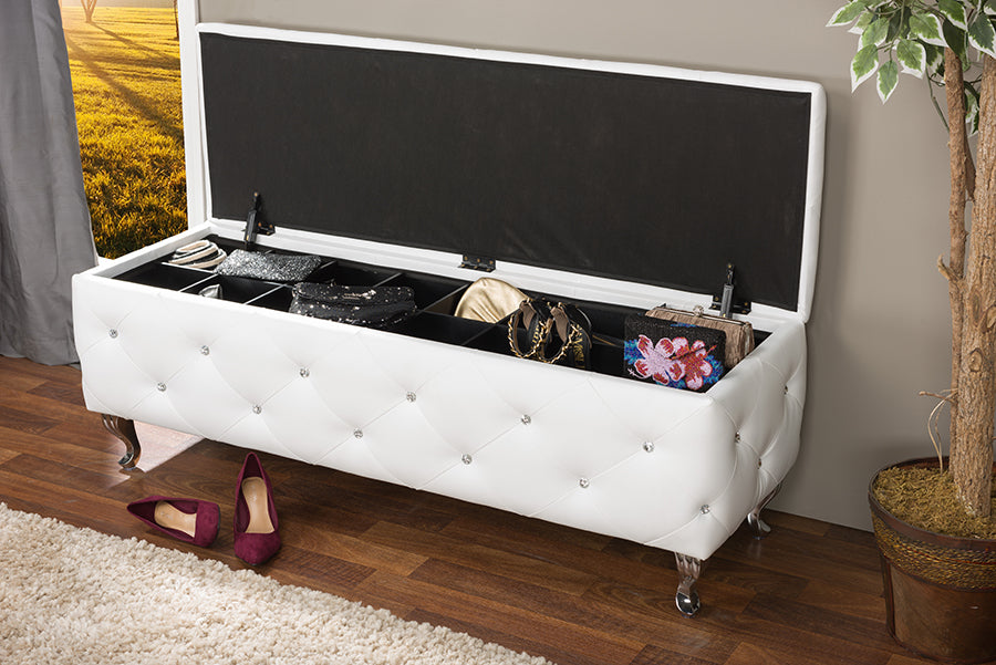 Seine Contemporary Storage Ottoman in White Leather - Stylish Functional Furniture for Living Room or Bedroom Storage