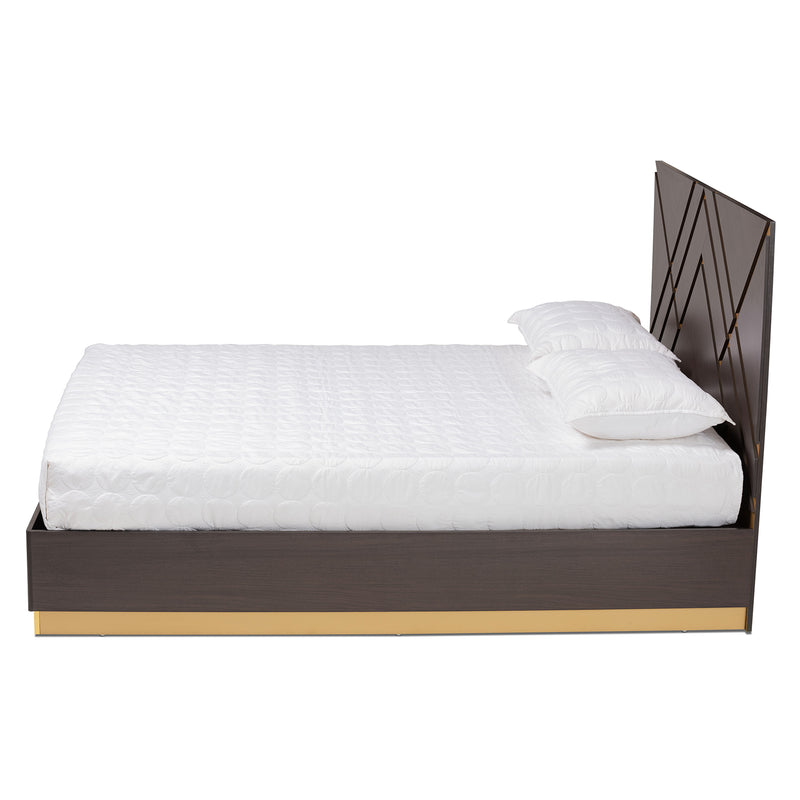 Arcelia Queen Size Platform Bed Contemporary Glam Luxe Design Two-Tone Dark Brown Gold Finished Wood