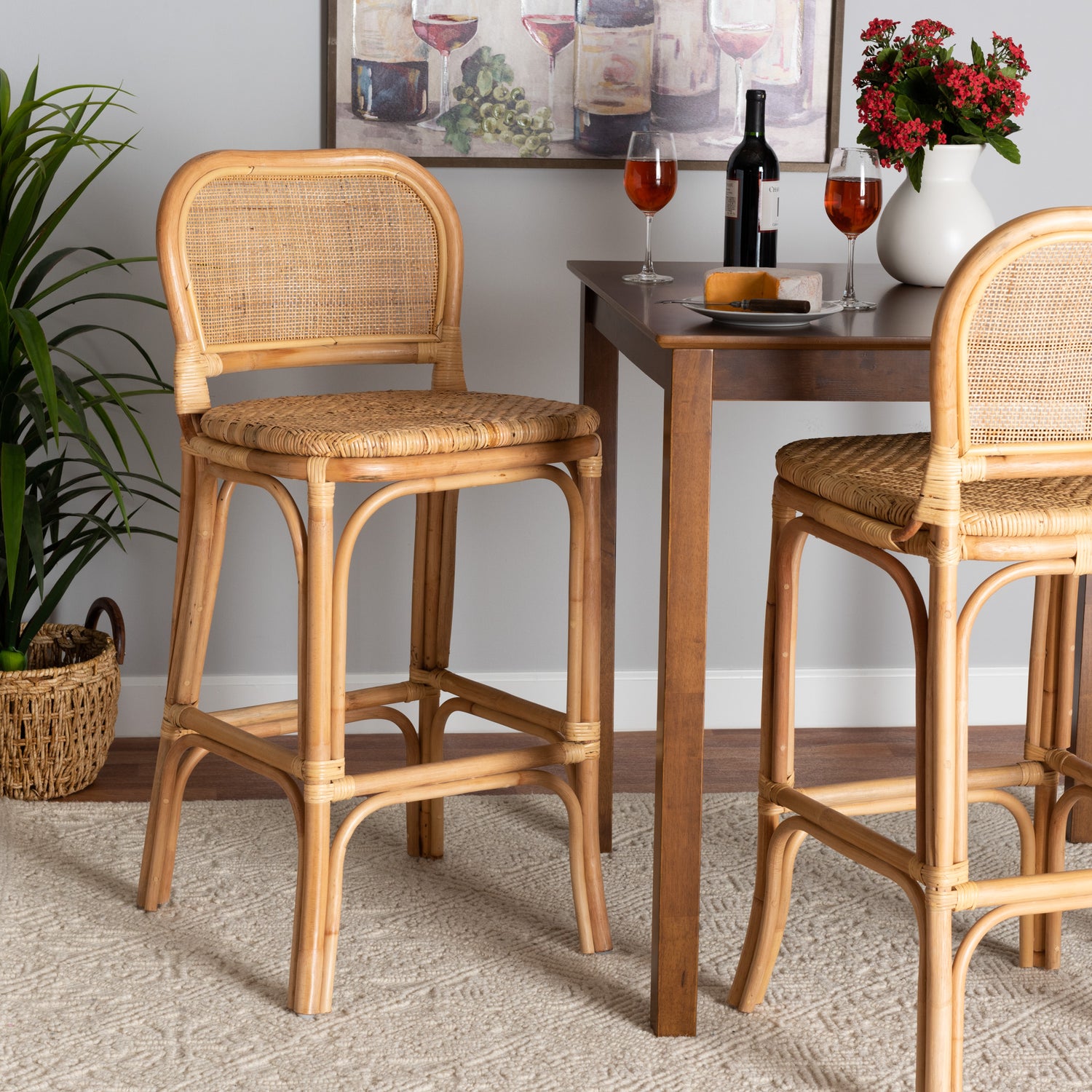 Adrena Bar Stool Modern Bohemian Natural Brown Rattan Design for Stylish Home Decor and Comfort