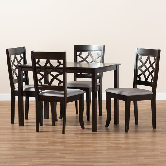 Mael Dining Set Modern Contemporary Grey Fabric Upholstered Espresso Brown Finished 5-Piece Wood