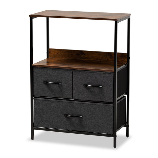 Hakan Modern Industrial 3-Drawer Storage Cabinet in Grey Fabric and Walnut Wood for Stylish Organization