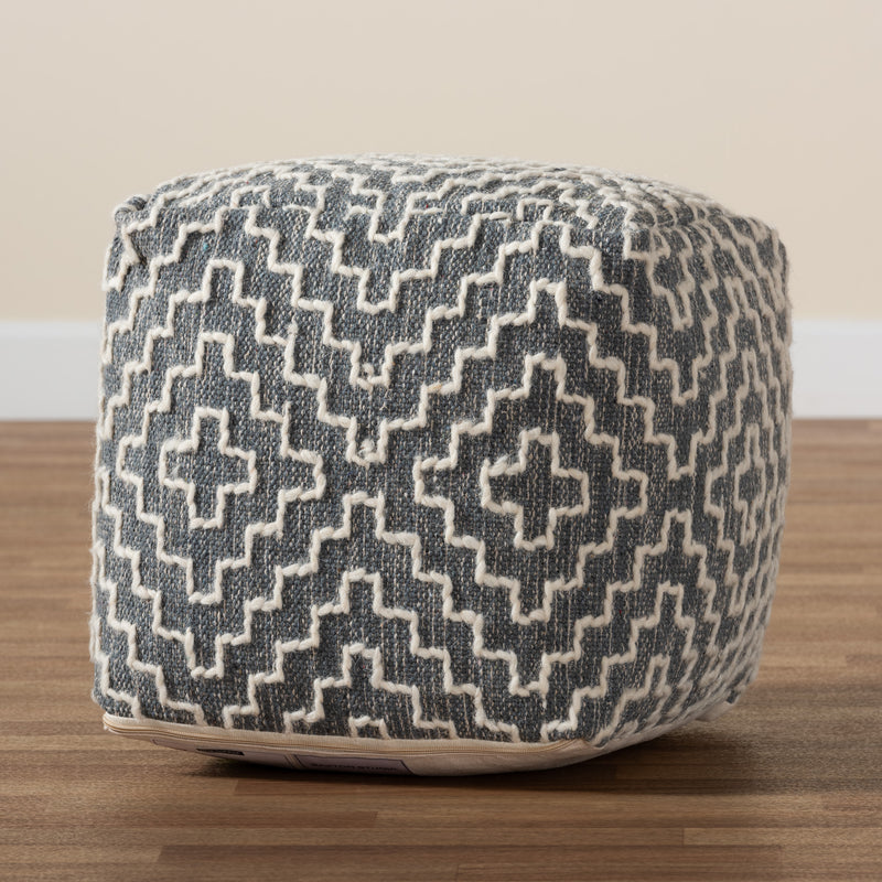 Benjamin Pouf Ottoman - Modern Handwoven Cotton Blend in Grey and Ivory