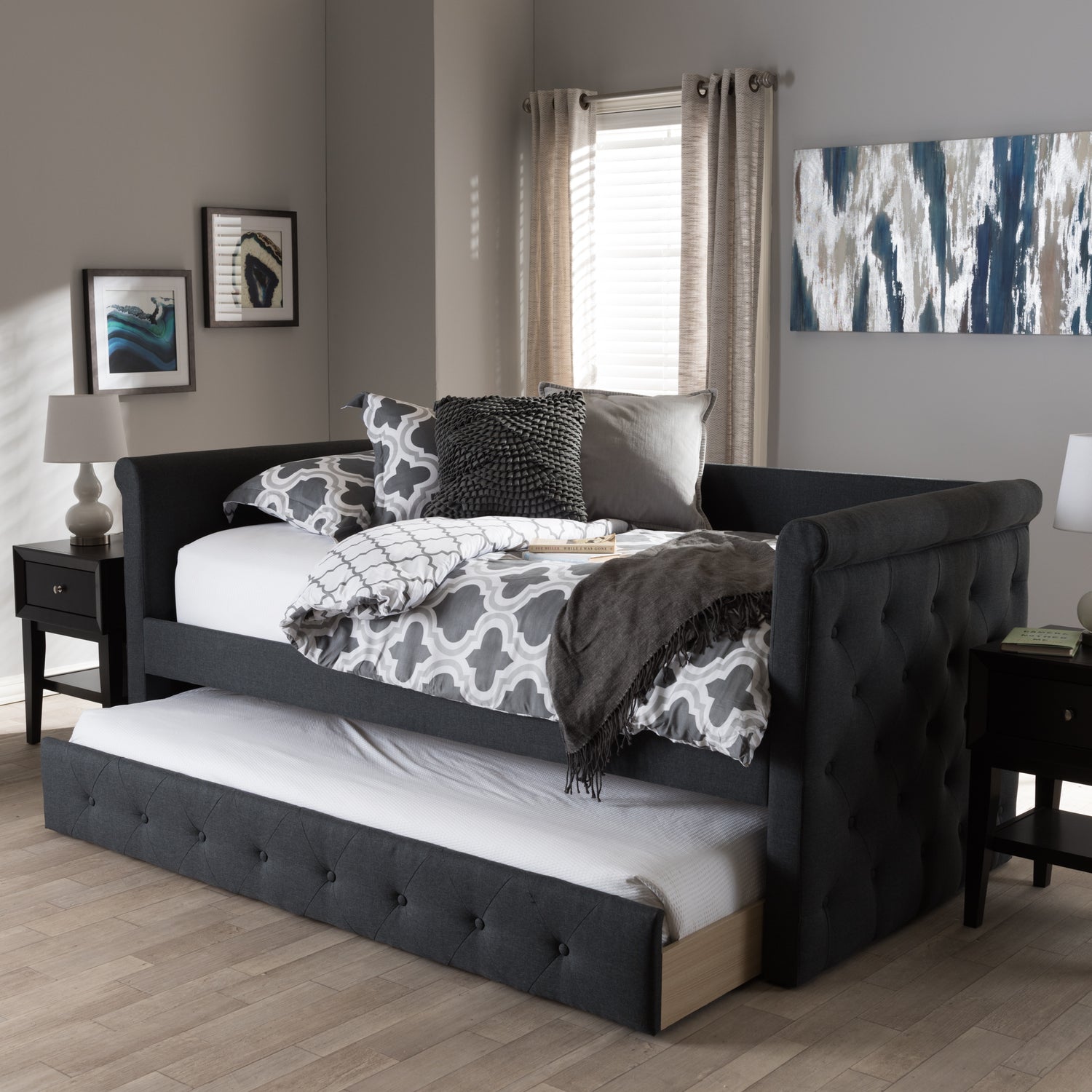 Alena Daybed Modern Dark Grey Fabric Daybed with Trundle for Stylish Guest Accommodations and Space-Saving Solutions