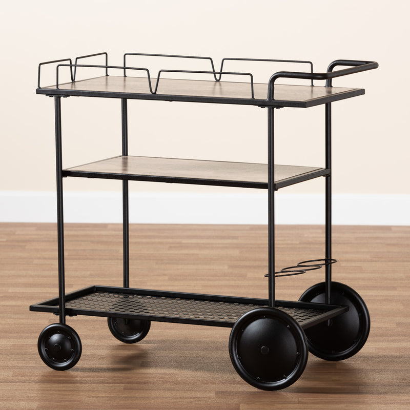 Huntley Mobile Wine Cart Modern Industrial Design with Walnut Brown Wood and Black Metal Frame