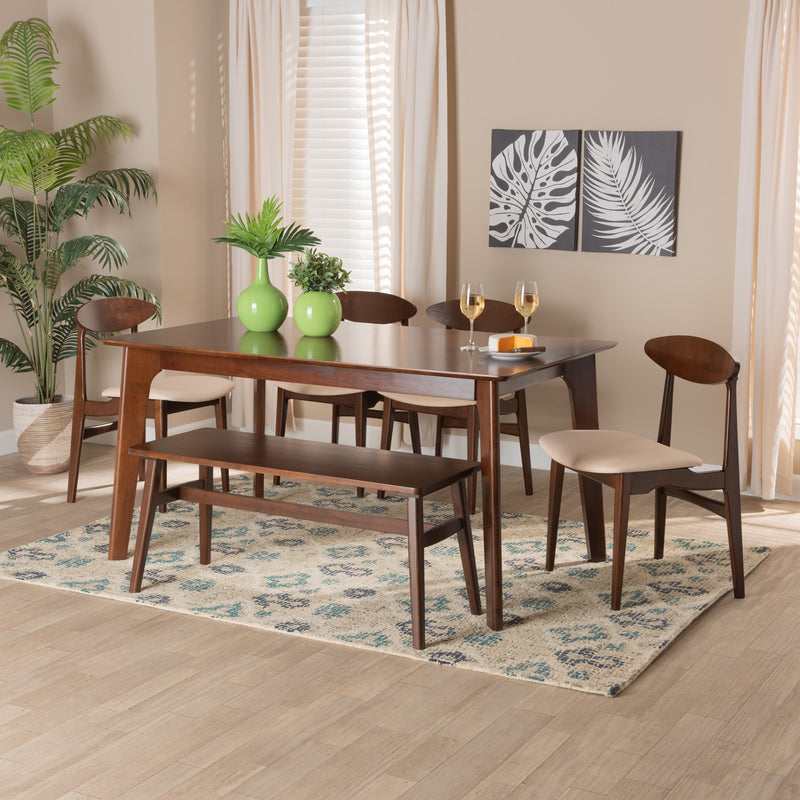 Daria Dining Set Mid-Century Modern 6-Piece Cream Fabric and Dark Brown Wood Collection for Stylish Dining Rooms